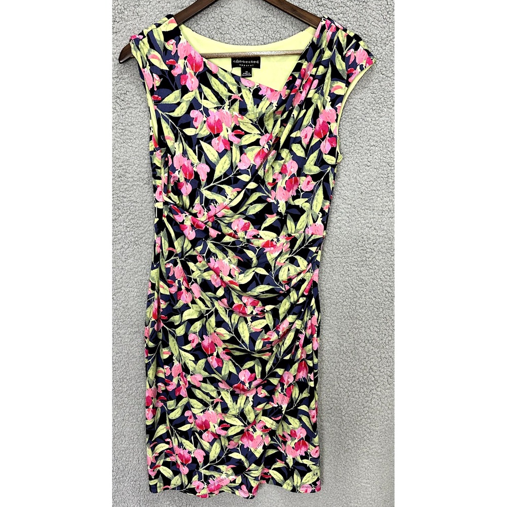 Connected Apparel Sheath Dress Women 10 Pink Floral Ruched Faux Wrap Knee Length